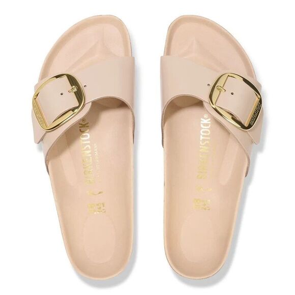 Birkenstock Shoes - Wmn's Birkenstock Madrid Big Buckle Slide Sandals In Natural Leather Patent 40/9